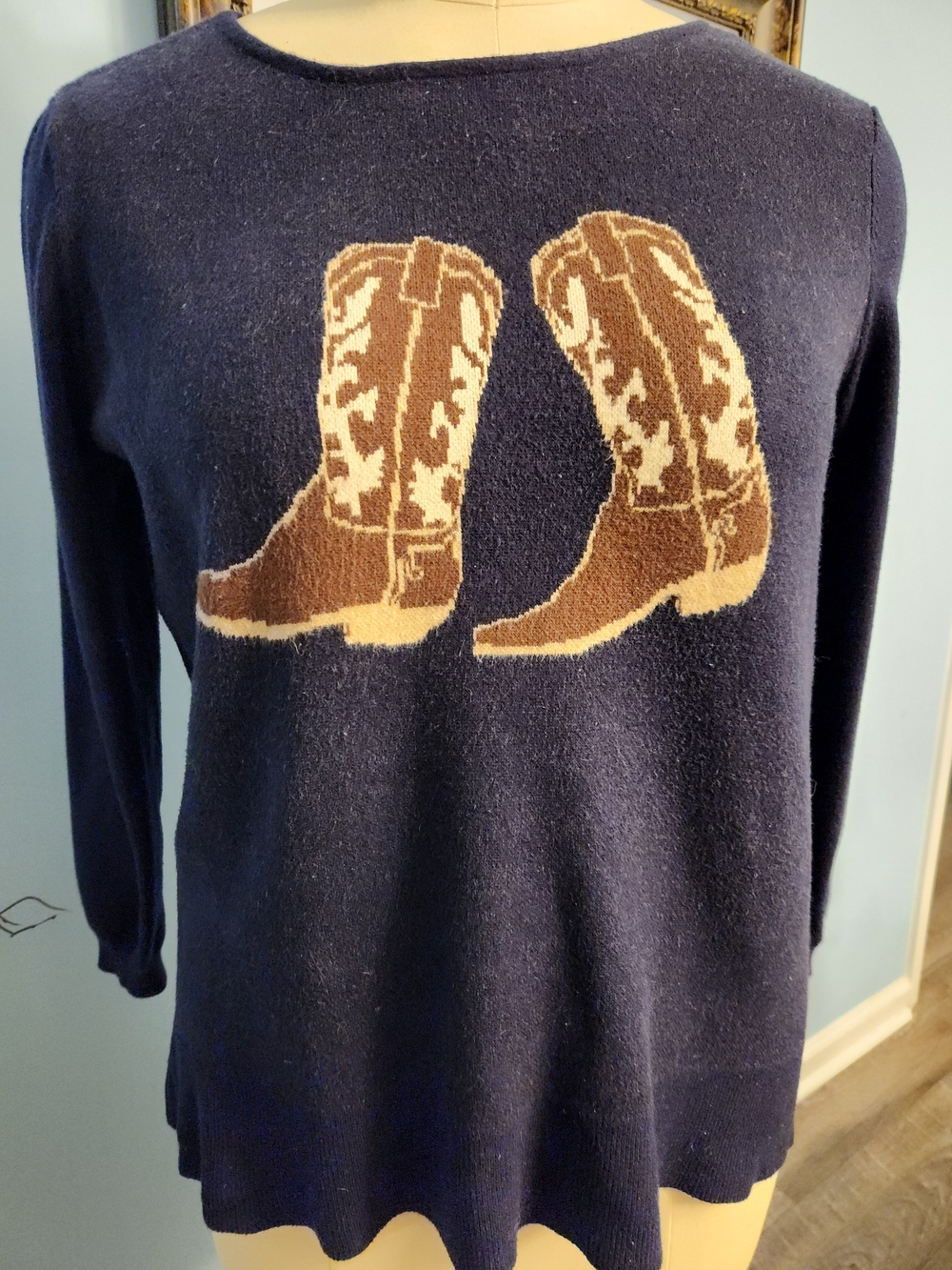 Women’s Navy Crewneck Sweater with Brown Boot Graphic